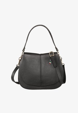 Zwarte, gestructureerde leren schoudertas met klep, verstelbare band, gouden beslag en een klein Italiaans vlaggetje als hanger.