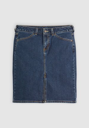 Dunkelblaue Jeans-Bleistiftrock mit Fronttaschen, einer mittigen Naht und kontrastierenden Nähten. Klassisches Design mit Reißverschluss.