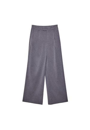 Pantaloni grigi a gamba larga con vita alta, dotati di passanti per cintura e pieghe frontali, mostrati su uno sfondo bianco.