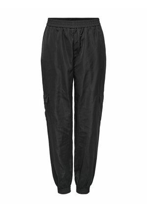 Pantalones cargo negros hechos de un material suave y ligero. Presentan una cinturilla elástica, puños y bolsillos laterales para mayor utilidad.