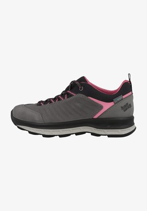 Gray hiking shoe with a pink accent and black textile upper. Features a textured, lightweight sole and curved design for support.