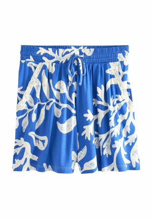 Blue elastic waist shorts with white abstract coral print, front drawstring, and lace-trimmed side pockets.