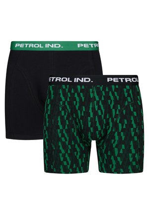 Zwei Paare von Herren-Boxershorts: eines in solidem Schwarz, das andere in Grün mit geometrischem Muster, beide mit kontrastierenden, markierten Bündchen.