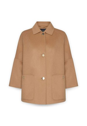 Cappotto in mischia di lana color cammello con colletto, bottoni in tonalità oro e due tasche frontali. Presenta una vestibilità ampia e maniche a lunghezza gomito.