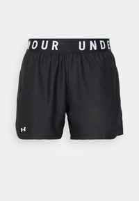 Svarta träningsshorts med elastisk midjeresår och texten "UNDER ARMOUR" i vitt. Tillverkade av lätt, slätt tyg. Liten logga på benet.
