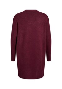 Burgunderfarbener Strickpullover mit langen Ärmeln, entspanntem Schnitt und geripptem Saum. Rückansicht ohne besondere Merkmale, die die weiche Struktur präsentiert.