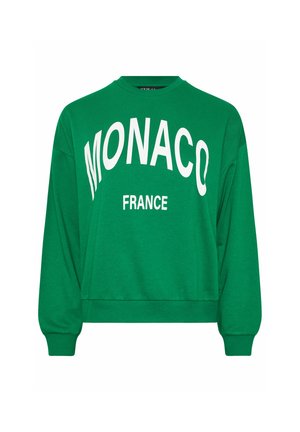 Sudadera verde de algodón; presenta texto blanco que dice "MONACO FRANCE"; diseño corto con mangas largas y puños acanalados.