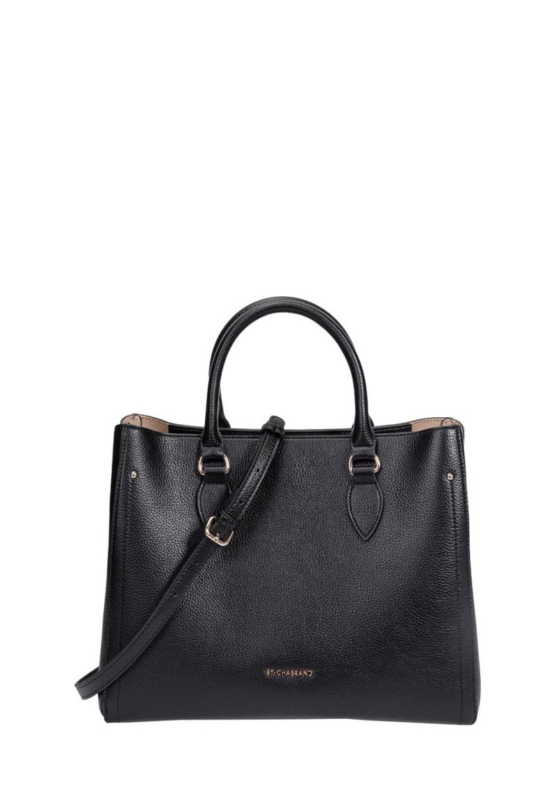 Zwarte leren handtas met een gestructureerde textuur, dubbele bovenhandvatten en een verstelbare schouderriem. Voorzien van gouden accenten en logodetail.