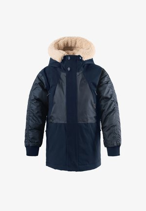 Marineblaue isolierte Jacke mit einer weichen beigefarbenen Kapuzenverkleidung, ausgestattet mit glatten Paneelen, gerippten Bündchen und zwei Vorderaschen.