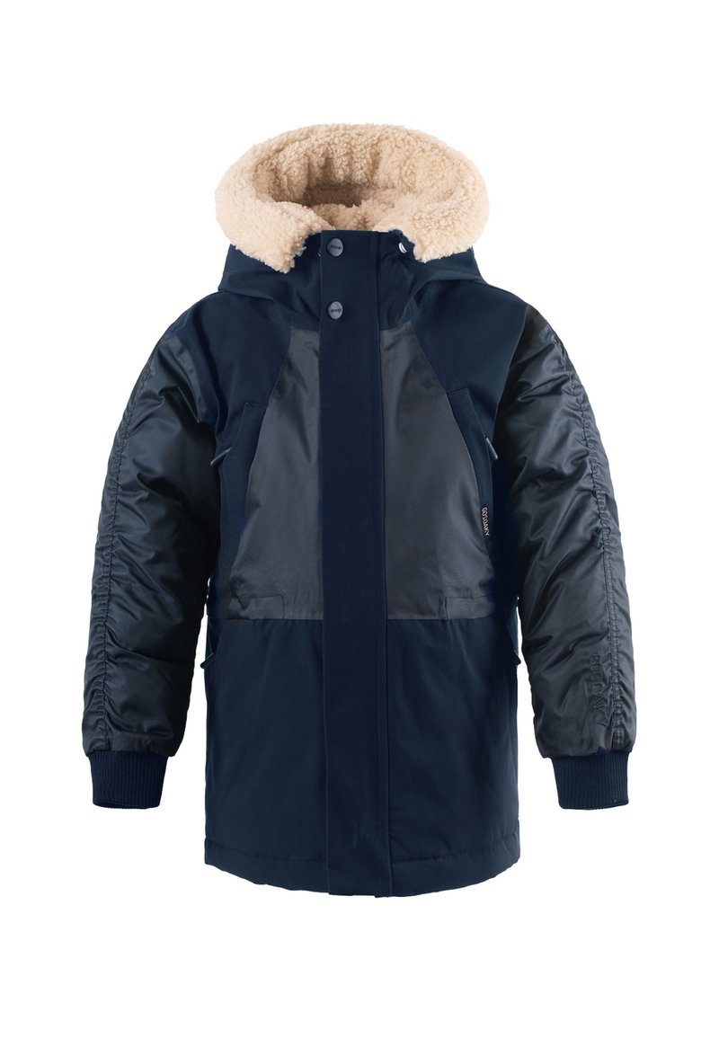 Giacca isolante blu navy con fodera del cappuccio in beige morbido, dotata di pannelli lisci, polsini a coste e due tasche frontali.