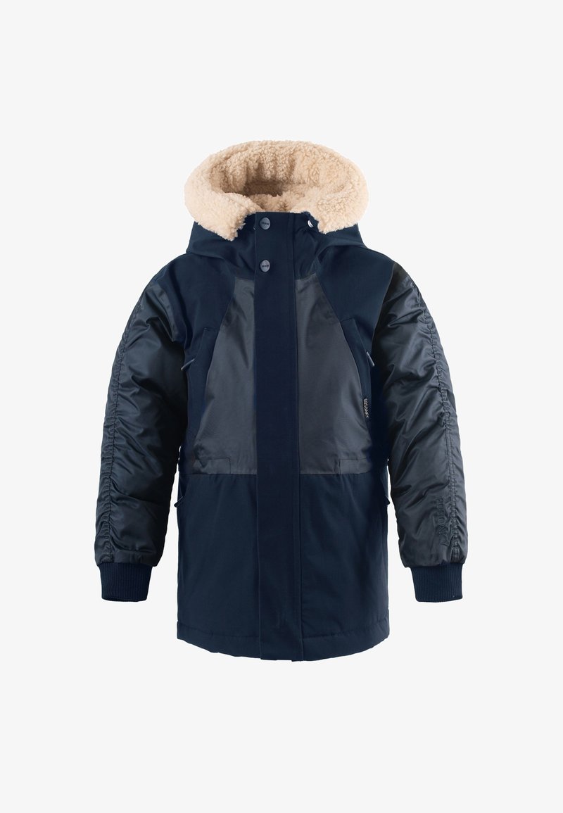 Giacca isolante blu navy con fodera del cappuccio in beige morbido, dotata di pannelli lisci, polsini a coste e due tasche frontali.