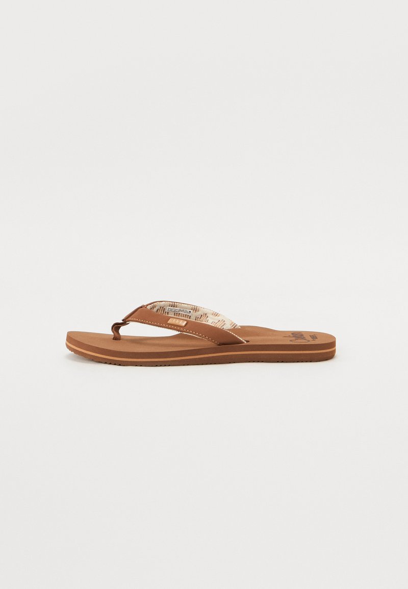 Brown flip-flop with a textured brown sole, featuring tan straps with a patterned inner lining and a small logo on the footbed.