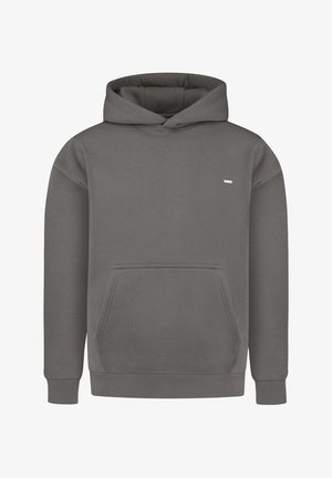 Grauer Hoodie aus weichem Material, mit einer Fronttasche, gerippten Bündchen und einem kleinen Logo auf der Brust. Klassisches Design mit minimalen Details.