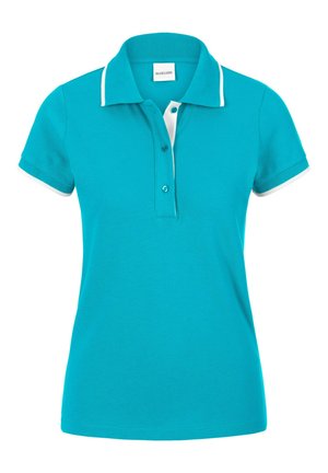 Turquoise poloshirt met een kraag, voorzien van een witte rand en een sluiting met drie knopen. Gemaakt van een geweven stof. Korte mouwen.