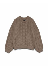 Pull en maille torsadée taupe épais avec col rond côtelé, poignets et ourlet, présentant des manches longues bouffantes.