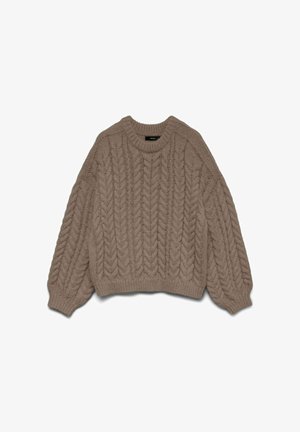 Storas taupo spalvos megztinis su pynimo raštu, su ribėtu apvaliu kaklu, rankogaliais ir apačia, puoštas ilgomis baliono formos rankovėmis.
