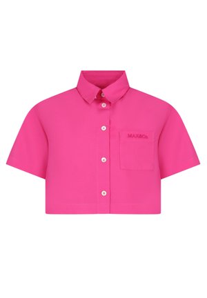 Korte mouwen cropped shirt in helderroze katoen met een knoopsluiting aan de voorkant, kraag en een linker borstzak met subtiele branding.