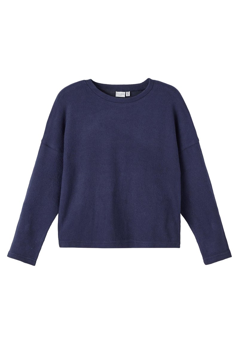 Maglione a maniche lunghe blu navy con colletto a girocollo, dalla vestibilità rilassata e spalle leggermente abbassate.
