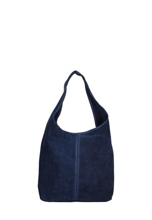 Marineblauwe suède hobo tas met een enkele schouderband, met een gladde textuur en eenvoudig ontwerp, benadrukt door een centrale naad aan de voorkant.