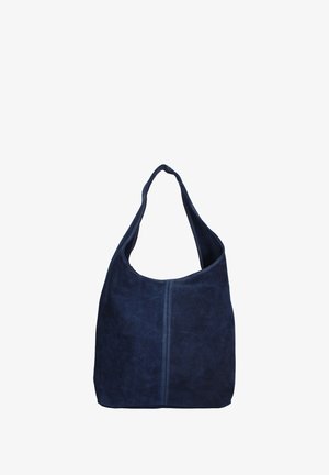 Borsa hobo in suede blu navy con una sola tracolla, caratterizzata da una texture liscia e un design semplice, messo in evidenza da una cucitura centrale sul davanti.