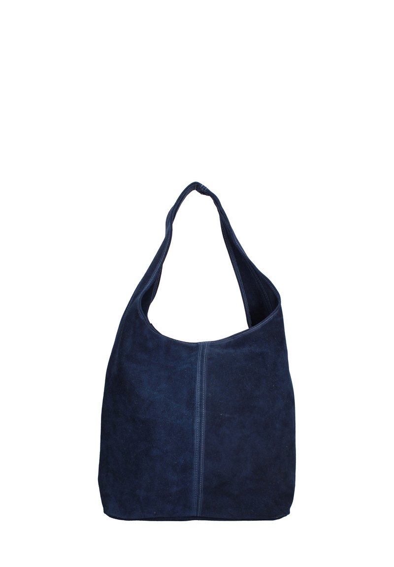 Marineblauwe suède hobo tas met een enkele schouderband, met een gladde textuur en eenvoudig ontwerp, benadrukt door een centrale naad aan de voorkant.