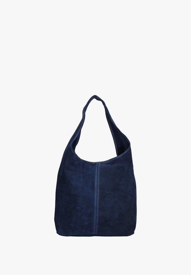 Marineblauwe suède hobo tas met een enkele schouderband, met een gladde textuur en eenvoudig ontwerp, benadrukt door een centrale naad aan de voorkant.