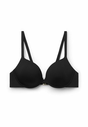 Sort polstret bh med bøjler, justerbare tynde skulderstropper og lukning foran på hvid baggrund.