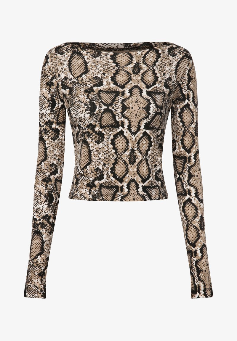 Haut ajusté à manches longues avec un motif peau de serpent beige, noir et marron et un large col rond.