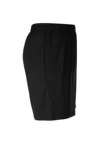 Pantaloni sportivi neri con elastico in vita, realizzati in tessuto leggero. Presentano una superficie liscia e spacchi laterali per facilitare i movimenti.