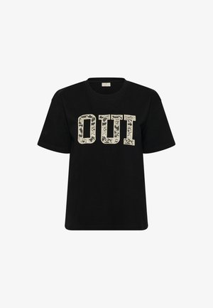 Black short-sleeve T-shirt with large beige lace-patterned letters spelling "OUI" on the front.