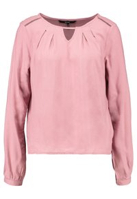 Blusa lunghe maniche rosa chiaro con scollatura a chiave, fronte plissettato e polsini elasticizzati. Tessuto morbido con accenti minimi.