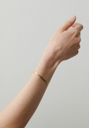 Dvignjena desna roka in podlaket proti enobarvnemu ozadju, z enostavno tanko zlato zapestnico na zapestju.