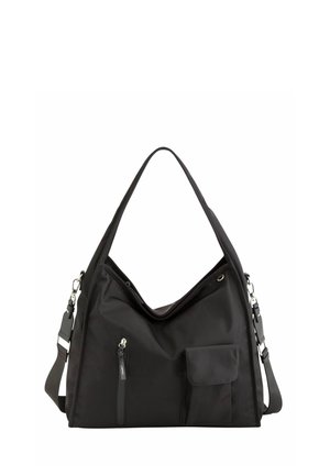Bolso negro de hombro con un solo asa larga, bolsillo delantero con cremallera y un bolsillo con solapa más pequeño, hecho de tela suave.