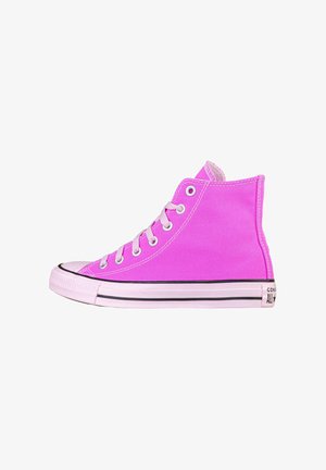 Pink high-top canvas sneaker with white laces, rubber sole, and black stripe, shown from the side on a white background.