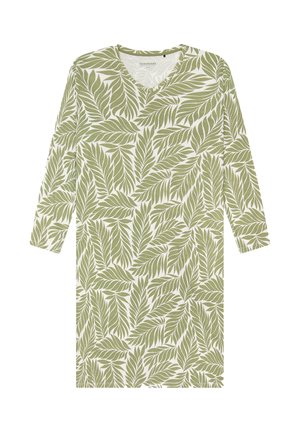 Grünes Kleid mit Blattmuster aus weichem Stoff, verfügt über einen V-Ausschnitt und lange Ärmel. Das Design zeigt verschiedene Grüntöne auf weißem Hintergrund.