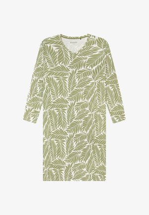 Sukienka w zielony liściasty wzór, wykonana z miękkiej tkaniny, posiada dekolt w kształcie litery V i długie rękawy. Wzór obejmuje różne odcienie zieleni na białym tle.