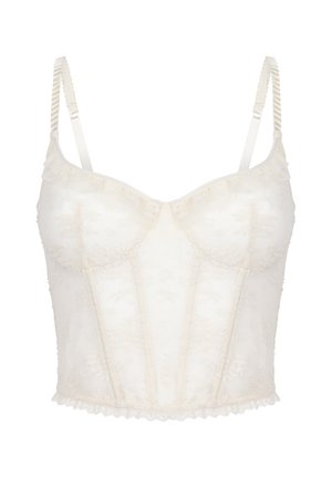 Spitzen-Bralette in hellem Elfenbein. Mit gewellten Kanten, strukturiertem Bügel, verstellbaren Trägern und aufwendigen floralen Mustern.