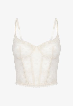 Spitzen-Bralette in hellem Elfenbein. Mit gewellten Kanten, strukturiertem Bügel, verstellbaren Trägern und aufwendigen floralen Mustern.
