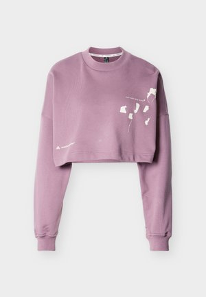 Sudadera corta de algodón en color lila claro, con mangas largas, cuello redondo y un estampado gráfico blanco en la parte delantera.