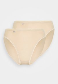 Beige cotton briefs in a two-pack with a smooth texture, subtle elastic waistband, and stitched edging. No patterns or graphics visible.