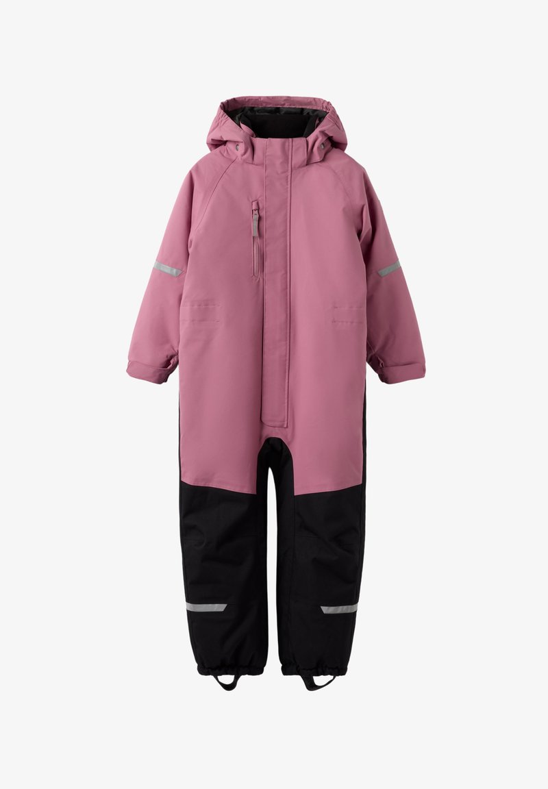 Pink and black waterproof snowsuit with a hood, front zipper, reflected accents, two side pockets, and elastic cuffs at the ankles.