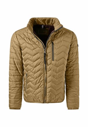 Leichte gesteppte Jacke in Beige mit Stehkragen. Verfügt über einen Reißverschluss auf der Vorderseite und seitliche Taschen. Strukturierte Chevron-Musterung durchgehend.