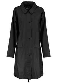 Svart vattentät jacka med krage, knappstängning, två framfickor och rakt skuren design. Mjuk textur och minimalistisk stil.