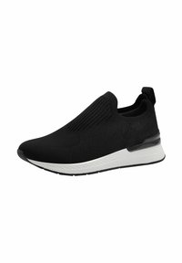 Sneaker nera slip-on con parte superiore testurizzata, design elastico a coste e suola bianca con una suola intermedia patternata, leggera e flessibile.