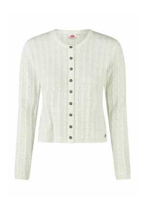 Witte kabelgebreide cardigan met lange mouwen en decoratieve metalen knopen aan de voorkant.