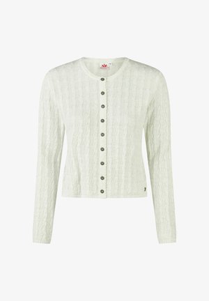 Cardigan blanc à maille torsadée avec manches longues et boutons métalliques décoratifs sur le devant.