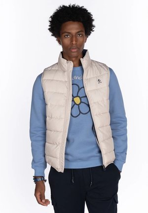 Hombre con cabello rizado que lleva un chaleco de plumón beige sobre una sudadera azul con un gráfico de una gran flor, pantalones oscuros y pulseras en la muñeca izquierda.