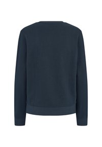 Námořnická modrá mikina s dlouhým rukávem, kulatým výstřihem, žebrovanými manžetami a lemem, s texturovanou tkaninou a čistým, minimalistickým designem.