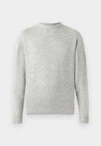 Light gray sweater made from soft fabric, featuring a ribbed crew neckline and ribbed cuffs and hem. Minimalist design, long sleeves.