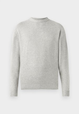 Light gray sweater made from soft fabric, featuring a ribbed crew neckline and ribbed cuffs and hem. Minimalist design, long sleeves.